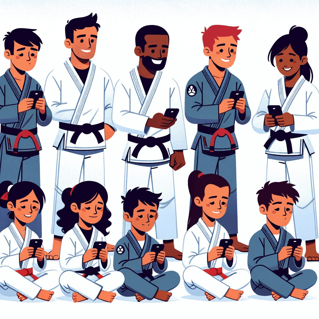 DALL·E 2023 11 17 22.26.23 Vector illustration of a diverse group of characters of different ages and races all wearing Brazilian Jiu Jitsu BJJ gis and using their mobile pho